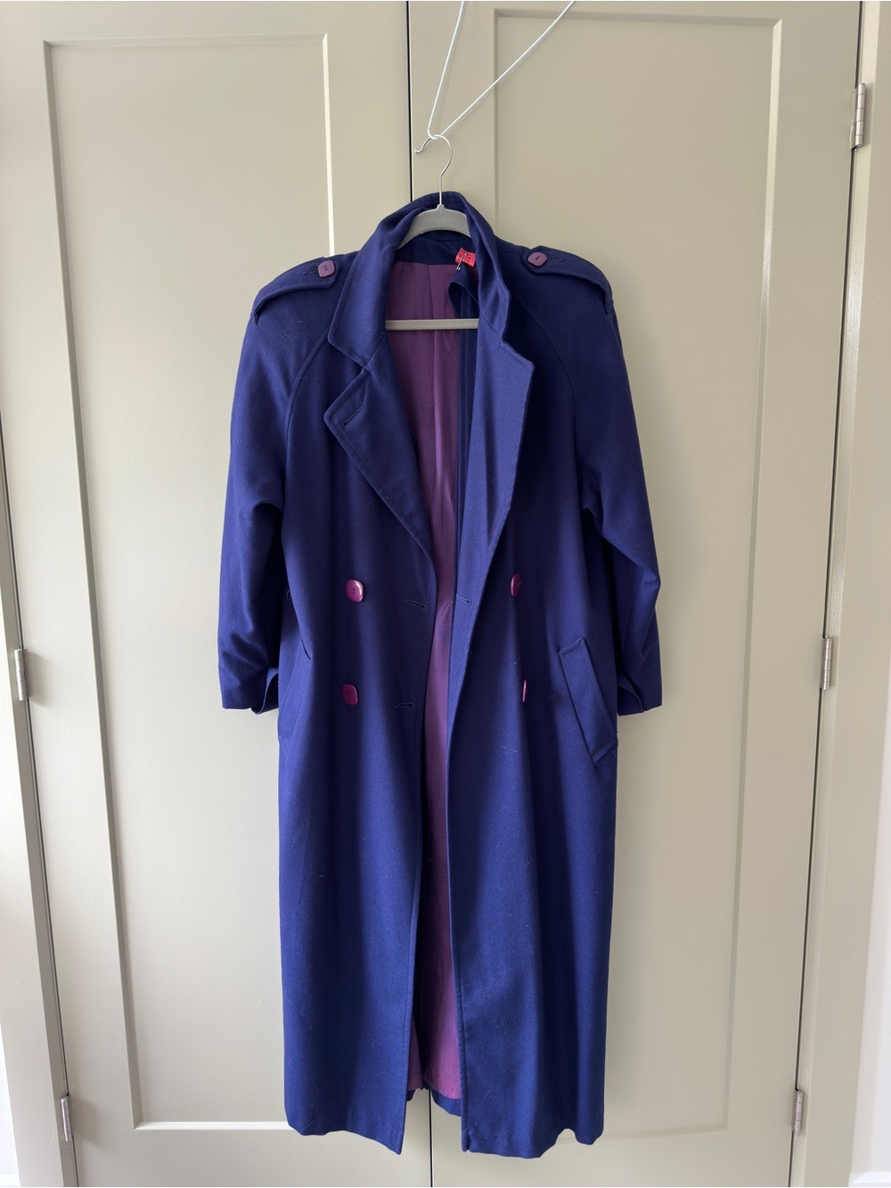 Diana Charles Pure Wool Women's Navy Long Coat with Purple Lining
